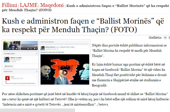 Lajm - Kush e administron faqen e Ballistit Morina qe ka respekt per Menduh Thacin
