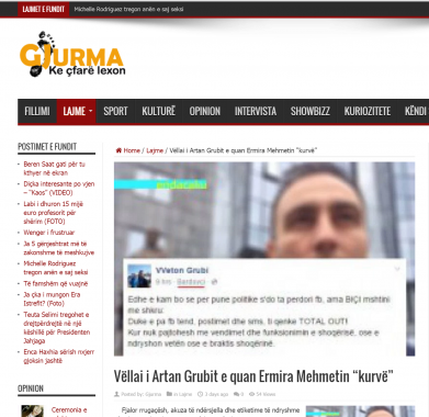 Recension: Vëllai i Artan Grubit e quan Ermira Mehmetin “kurvë”